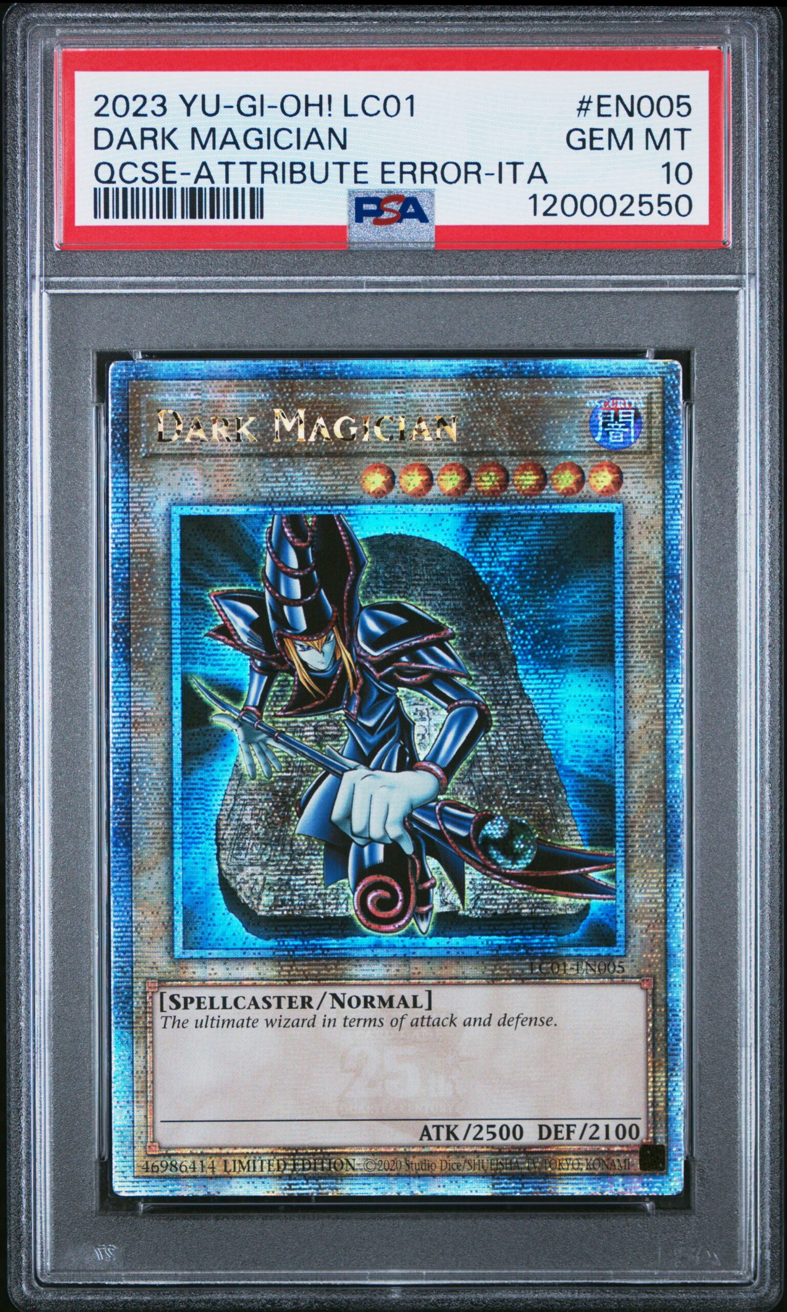 2023 Yu-Gi-Oh! Dark Magician Rare Card with Front Error, PSA 10, 25th Anniversary Edition.