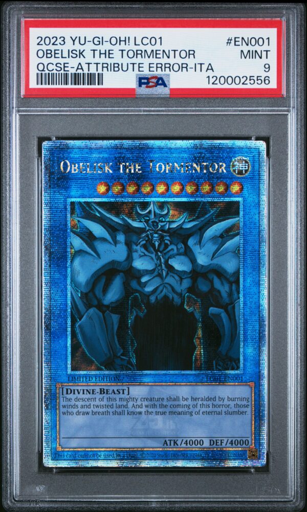 PSA 9 Yu-Gi-Oh! Obelisk card with rare 25th Anniversary error attribute.