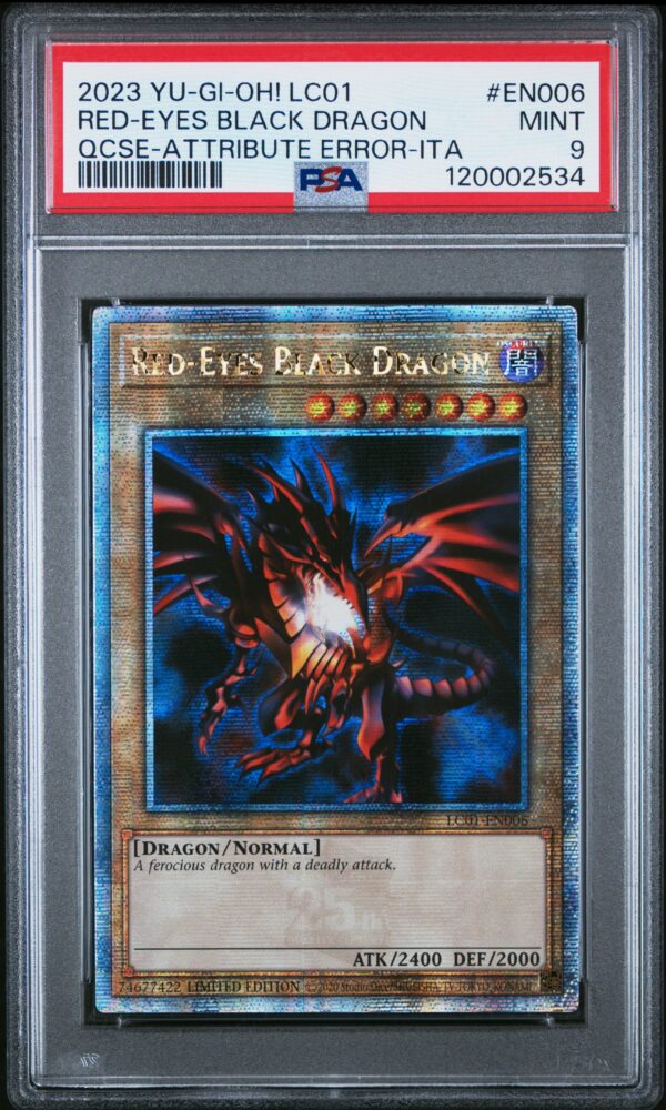 2023 Yu-Gi-Oh! Red-Eyes Black Dragon, 25th Anniversary Edition, error card, PSA 9 graded.