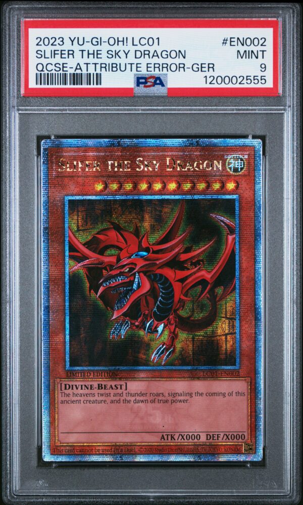 Slifer The Sky Dragon 25th Anniversary Card with Attribute Error, PSA 9 Graded.