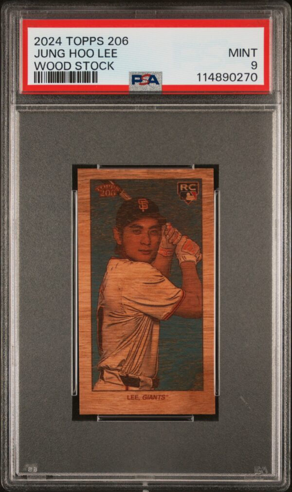 2024 Topps 206 Jung Hoo Lee card, PSA 9, wood stock design, front view.
