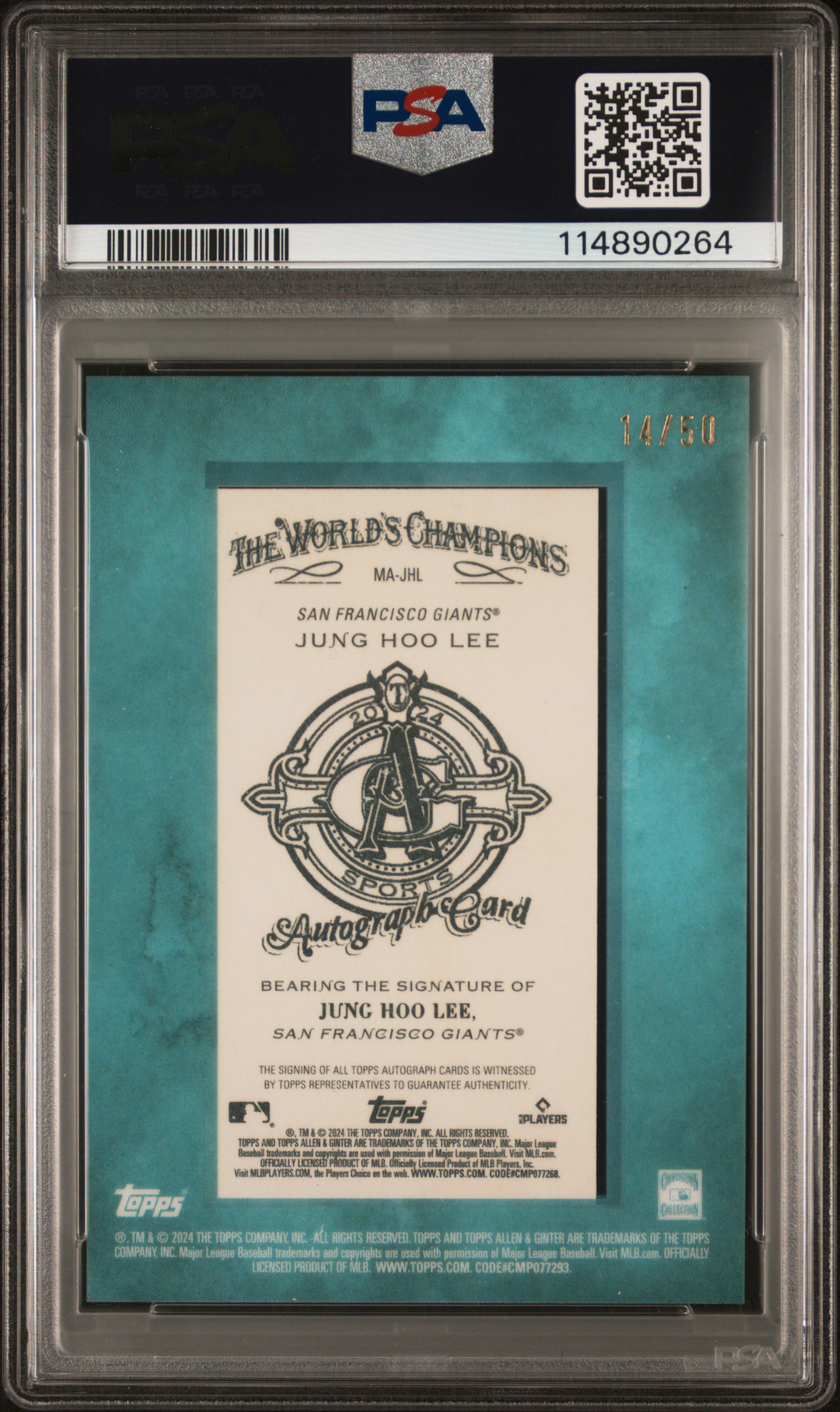 2024 Topps Allen & Ginter Jung Hoo Lee Blue Frame Mini Auto Card, PSA 9 Graded.