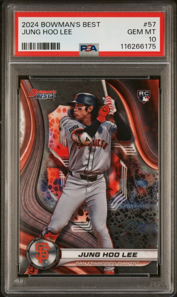 2024 Jung Hoo Lee Bowman’s Best Card #57, PSA 10, vibrant player action shot.