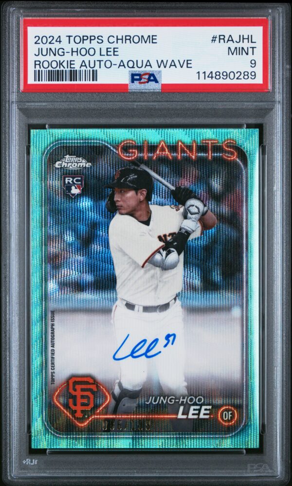 2024 Jung-Hoo Lee Rookie Aqua Wave Autograph Card, PSA 9, Stunning Design.