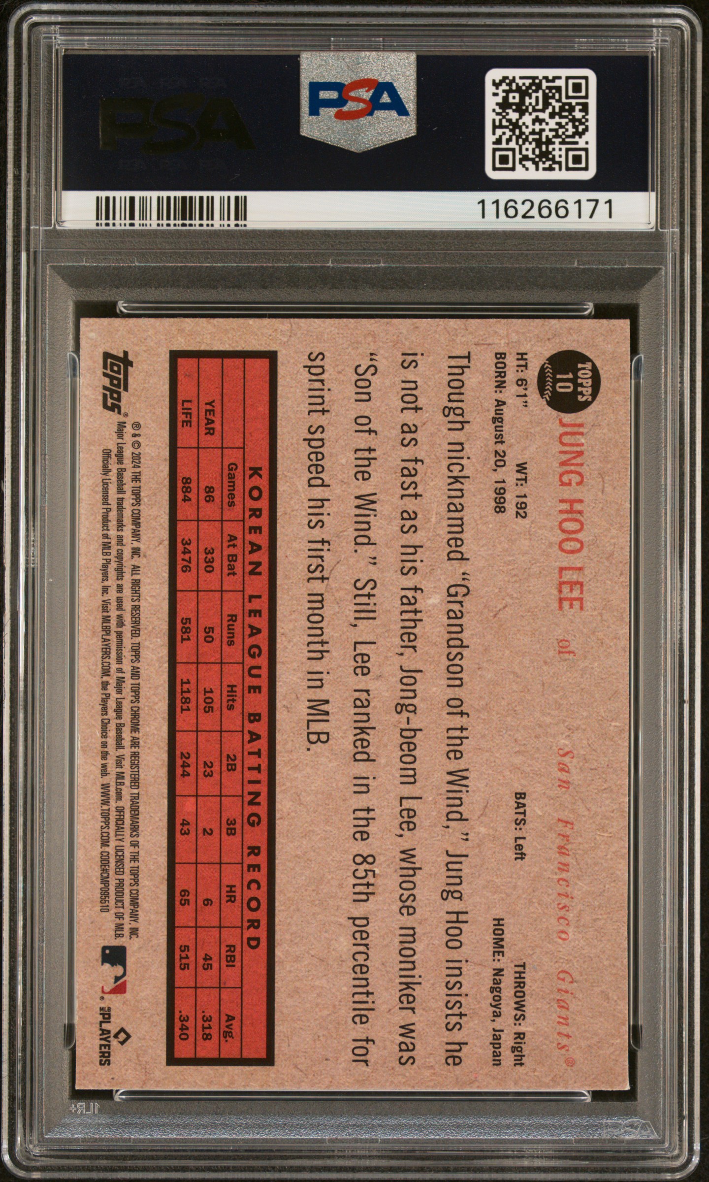 2024 Topps Chrome Jung Hoo Lee #10 Card Back, PSA 8, Player Stats and Highlights