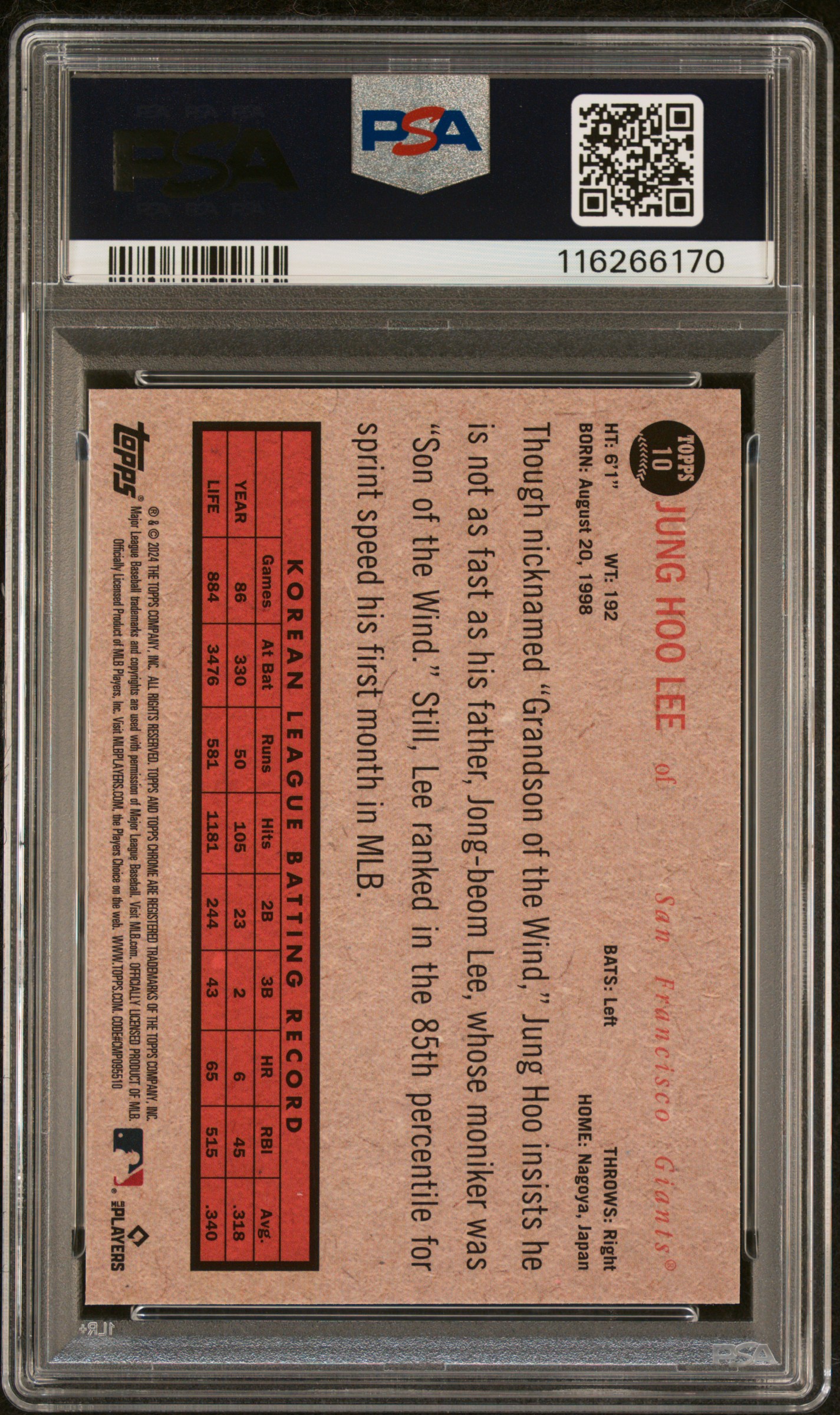 2024 Topps Chrome Lids Jung Hoo Lee #10 PSA 9 card back, showcasing player stats.