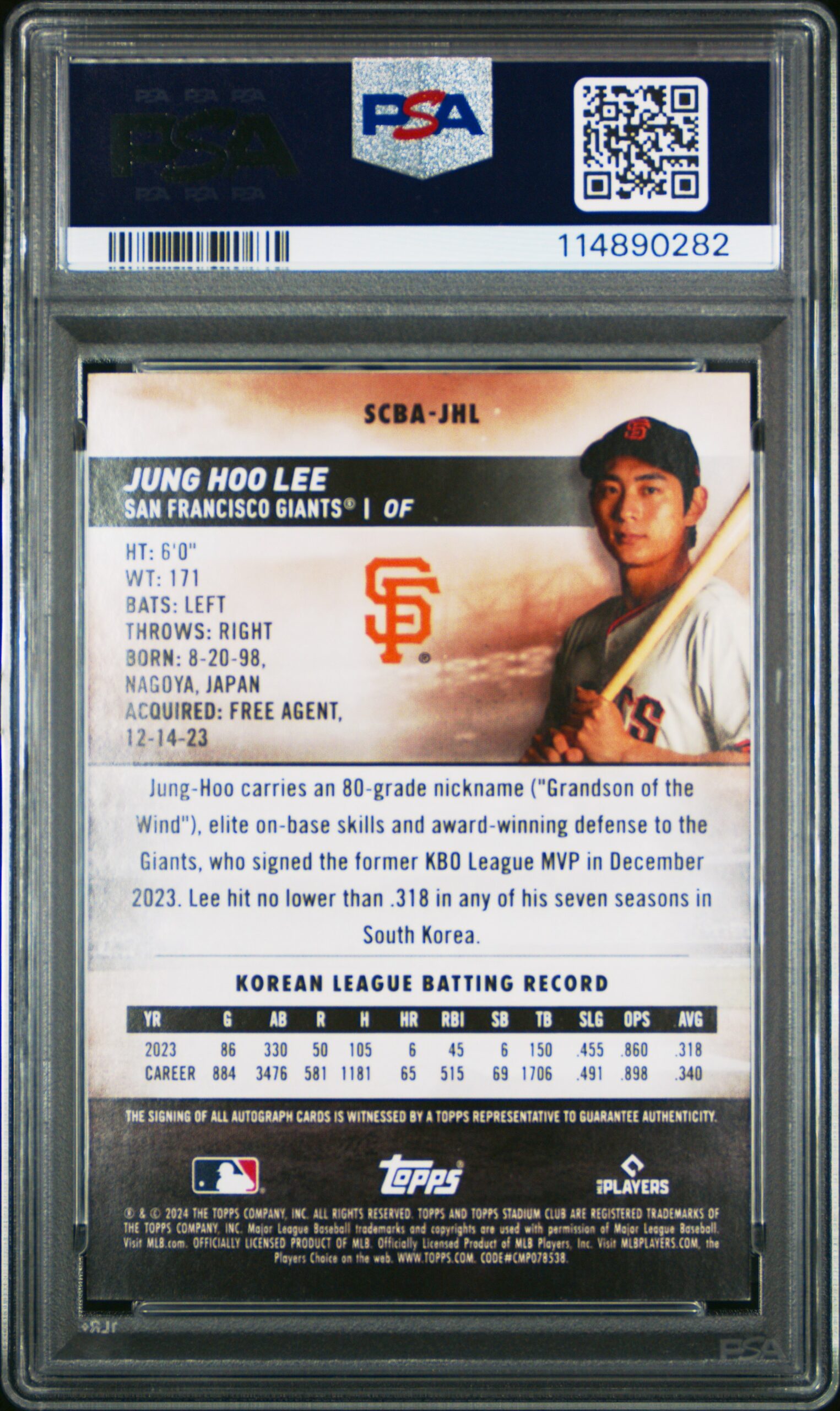 2024 Jung Hoo Lee Stadium Club Autograph Card PSA 9, highlighting his career achievements.