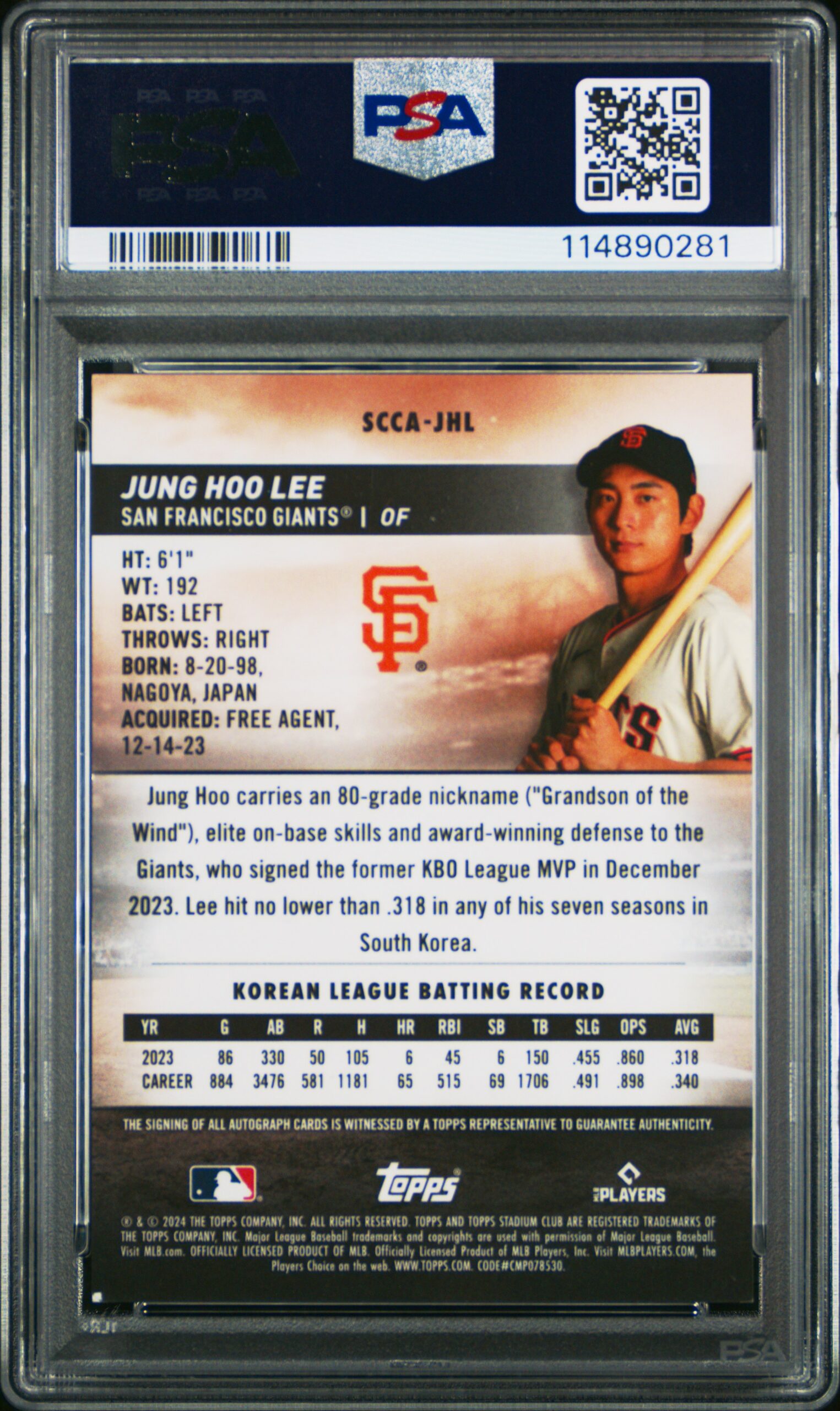 Back of 2024 Topps Jung Hoo Lee Chrome Autograph Card, PSA 8 Grade.