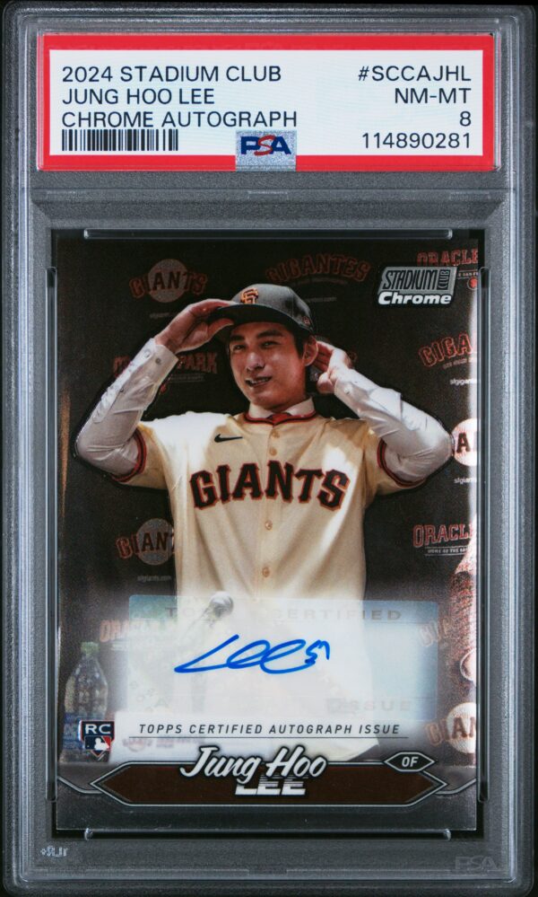 2024 Jung Hoo Lee Chrome Card, PSA 8, Autographed, Topps Stadium Club.