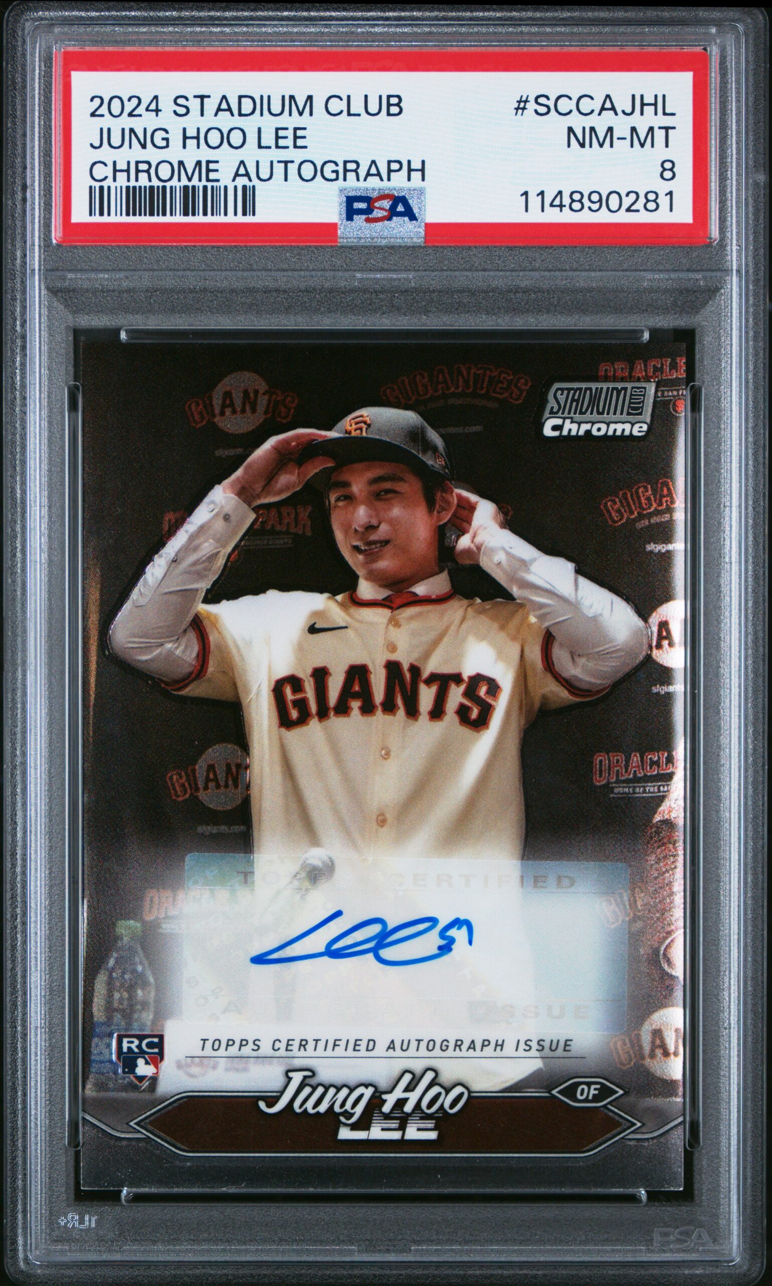 2024 Jung Hoo Lee Chrome Card, PSA 8, Autographed, Topps Stadium Club.