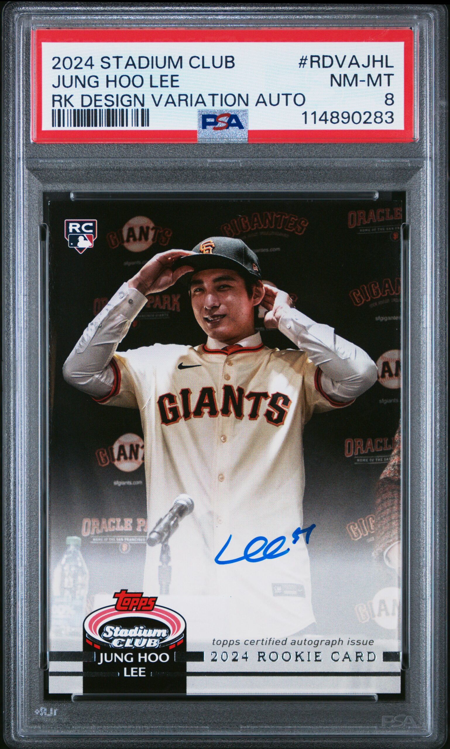 2024 Jung Hoo Lee Rookie Autograph Card, PSA 8, Limited Edition, Topps Stadium Club.
