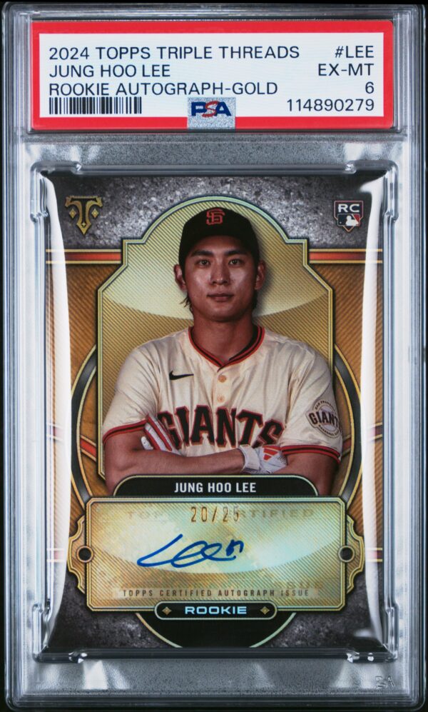 2024 Jung Hoo Lee Gold Rookie Autograph Card PSA 6, limited edition #RA-LEE /25, front view.