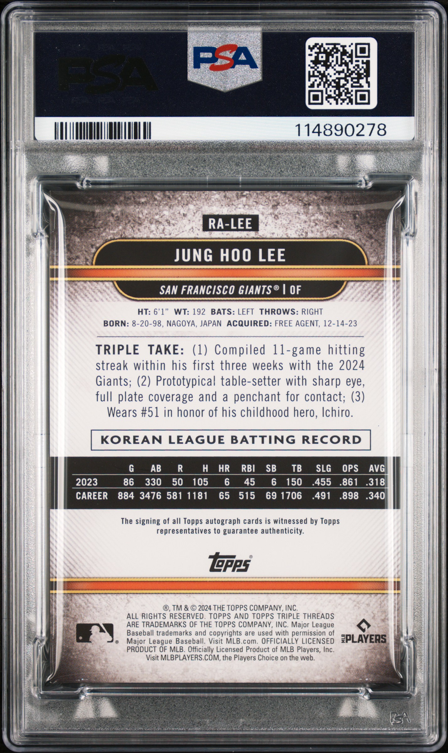 2024 Jung Hoo Lee Rookie Emerald Auto Card PSA 8, Limited Edition, Back View.