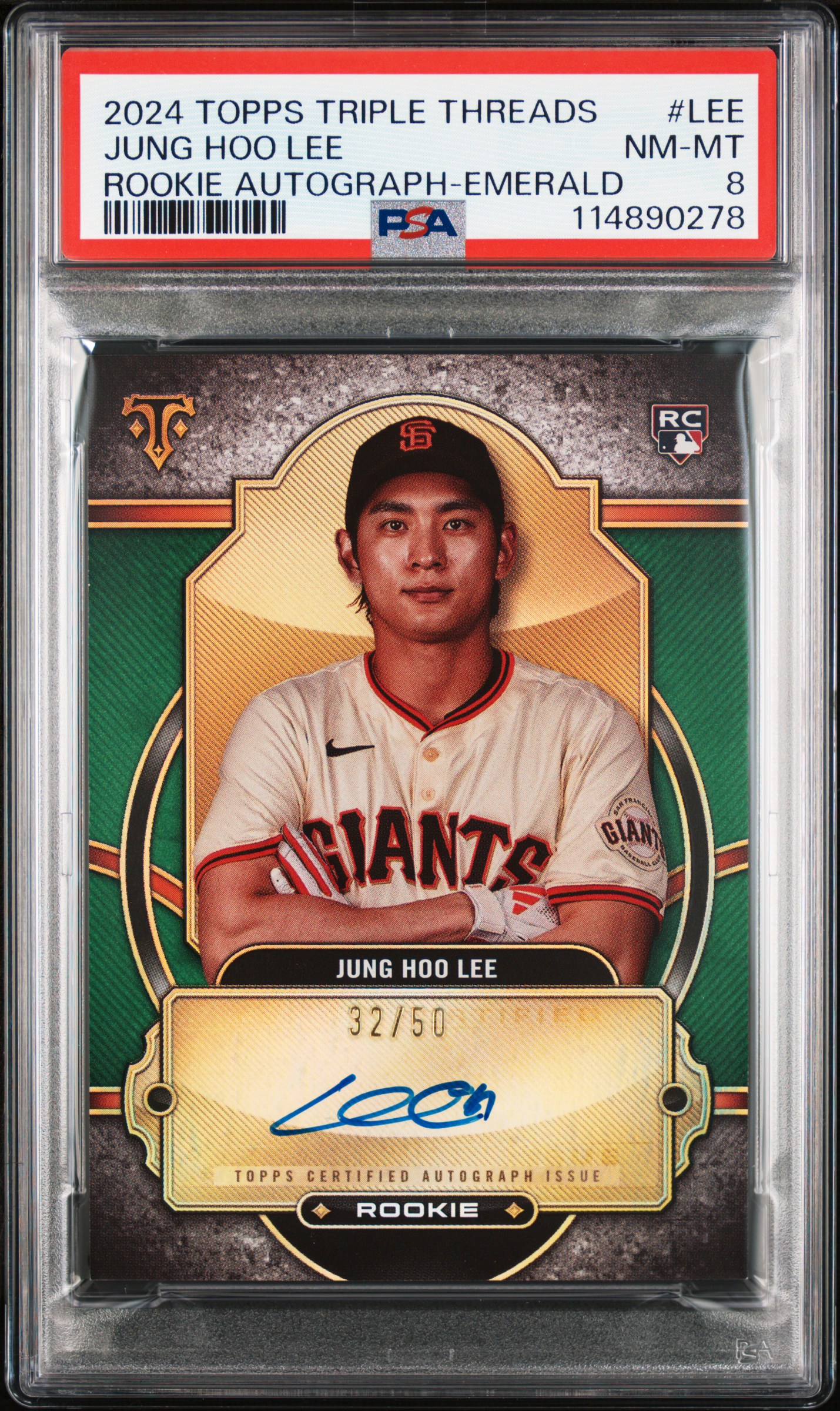 2024 Topps Jung Hoo Lee Rookie Emerald Card, Autographed, PSA 8, Limited Edition (#RA-LEE /50).
