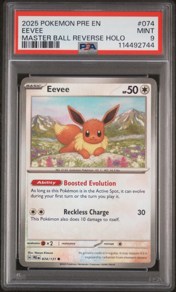 Eevee Master Ball Reverse Holo, 2025 Prismatic Evolutions, PSA 9, #074/131.