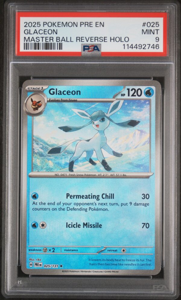 2025 Glaceon Prismatic Evolutions Pokémon card, Master Ball Holo, PSA 9, #025/131.