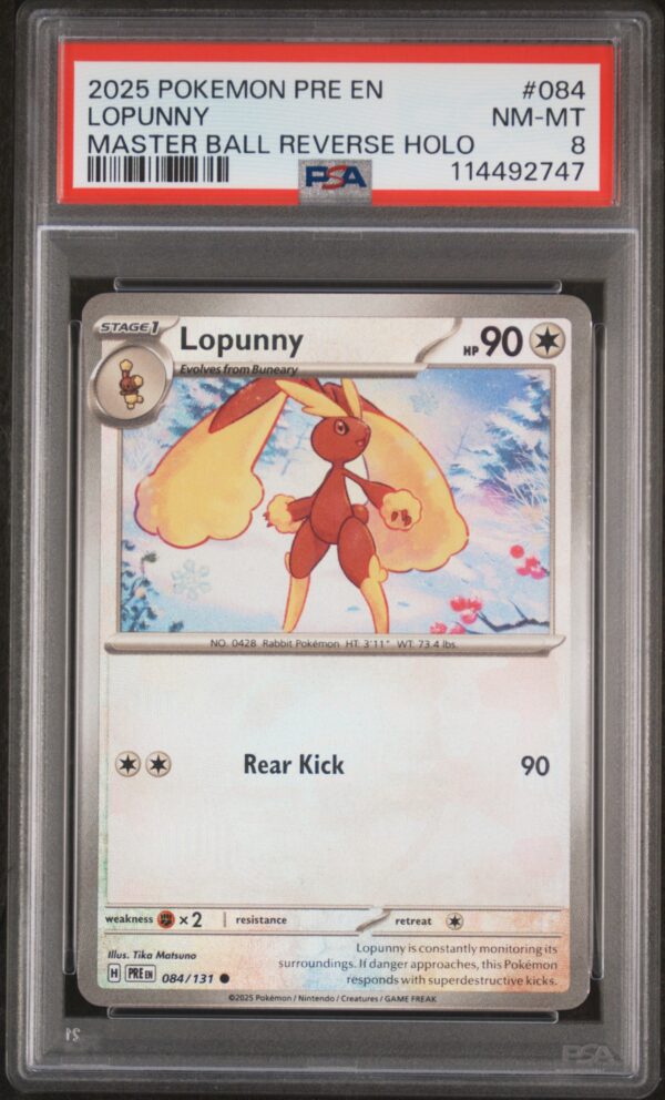 2025 Lopunny Reverse Holo Card, Prismatic Evolutions, PSA 8, Master Ball Design.