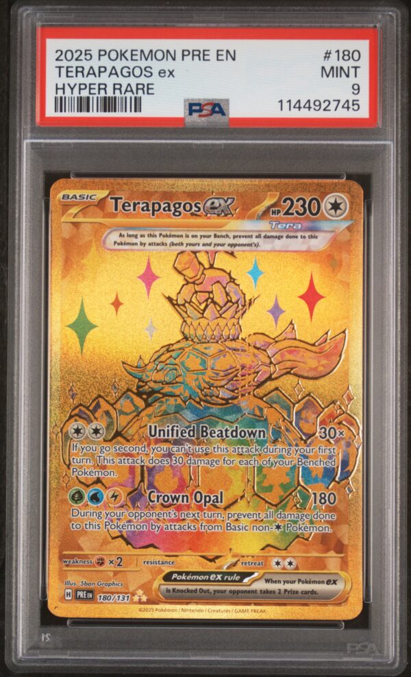 Terapagos Ex Hyper Rare 2025 Pokémon Card, PSA 9, Prismatic Evolutions Series.