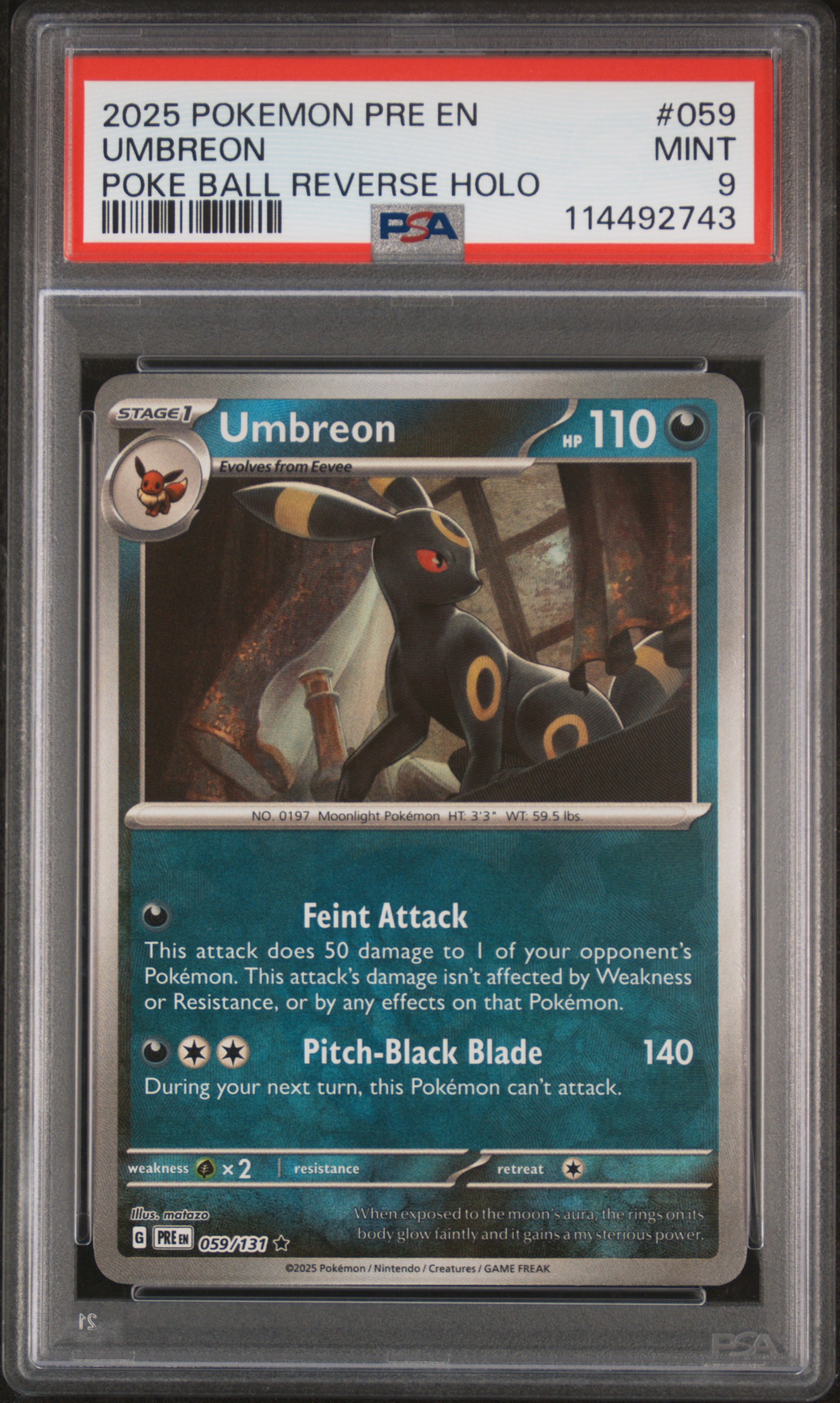 2025 Pokémon Umbreon Prismatic Evolutions Reverse Holo Card PSA 9 Front View.