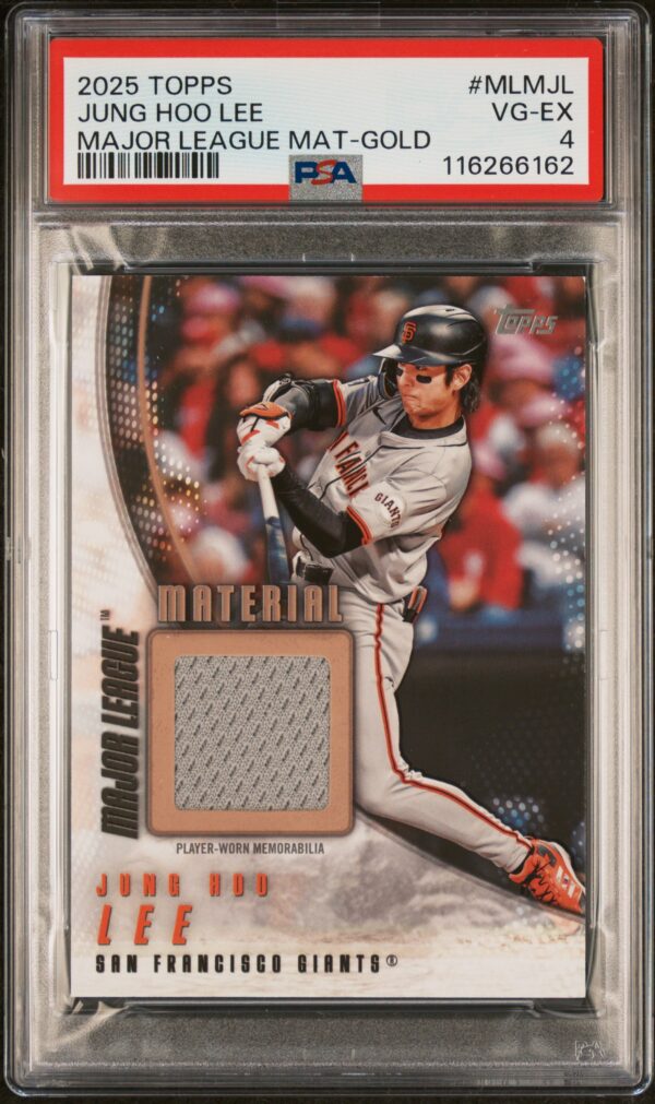 2025 Topps Jung Hoo Lee Gold Card, numbered MLM-JL/50, PSA 4, front view.