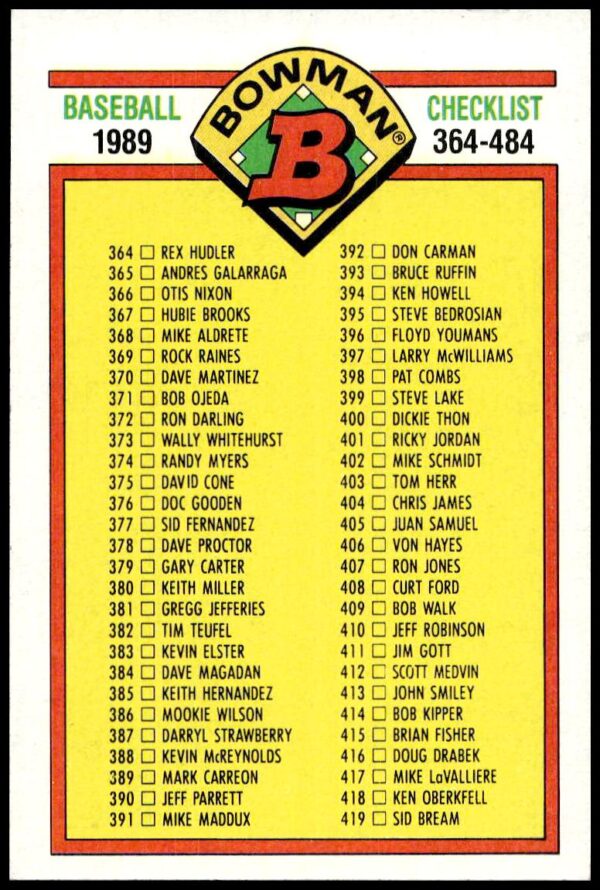 1989 Bowman Checklist: 364-484 #484 (Front)