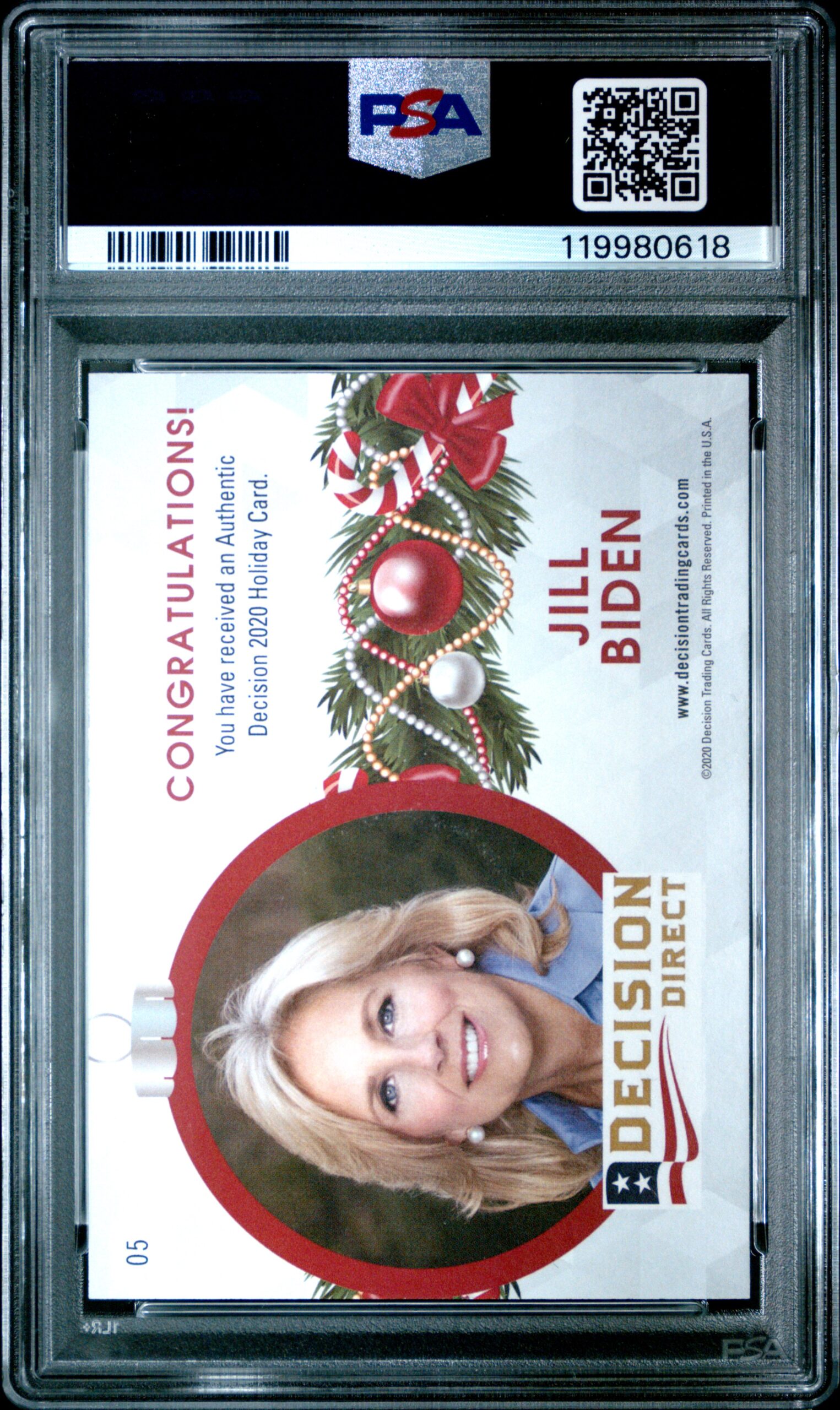 2020 Leaf Decision Direct Jill Biden Holiday Factory Red Foil #05 (/1) (PSA 9) (Back)