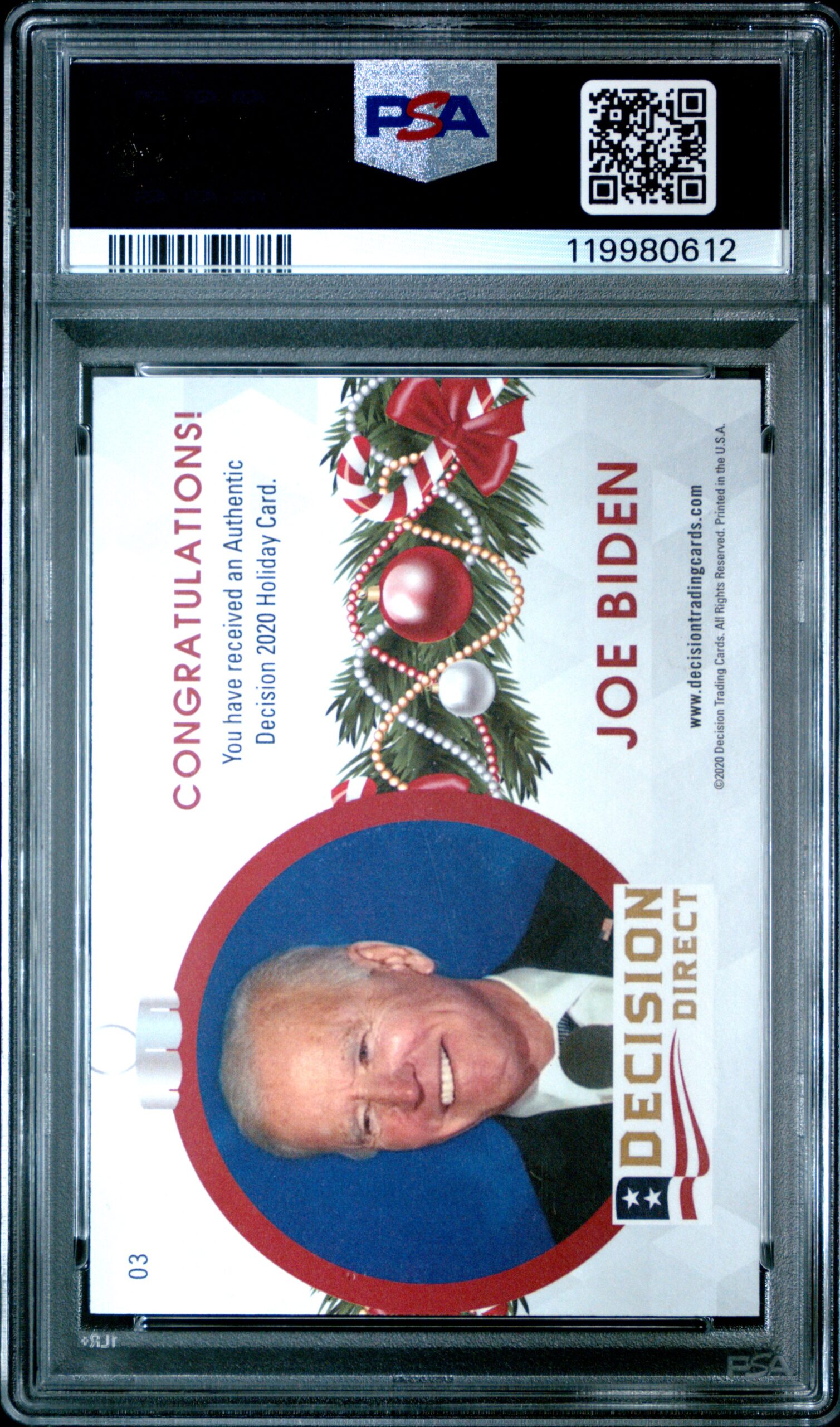 2020 Leaf Decision Direct Joe Biden Holiday Factory Red Foil #03 (/1) (PSA 9) (Back)