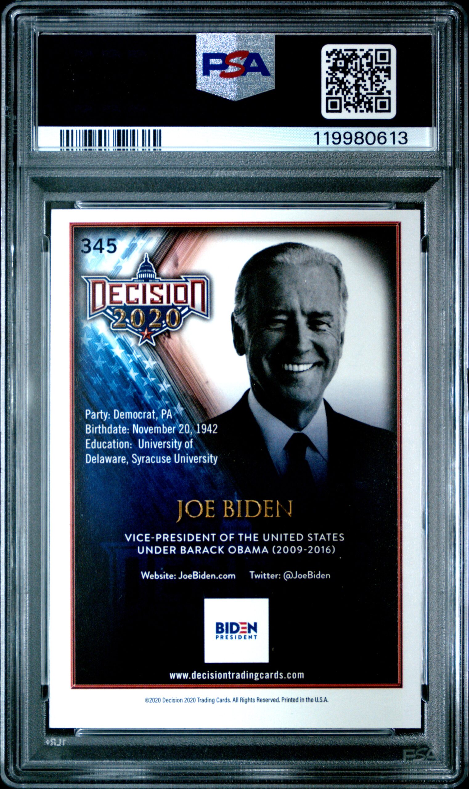 2020 Leaf Decision Joe Biden Election Day Stamp Ice Blue Foil #345 (/1) (PSA 8) (Back)