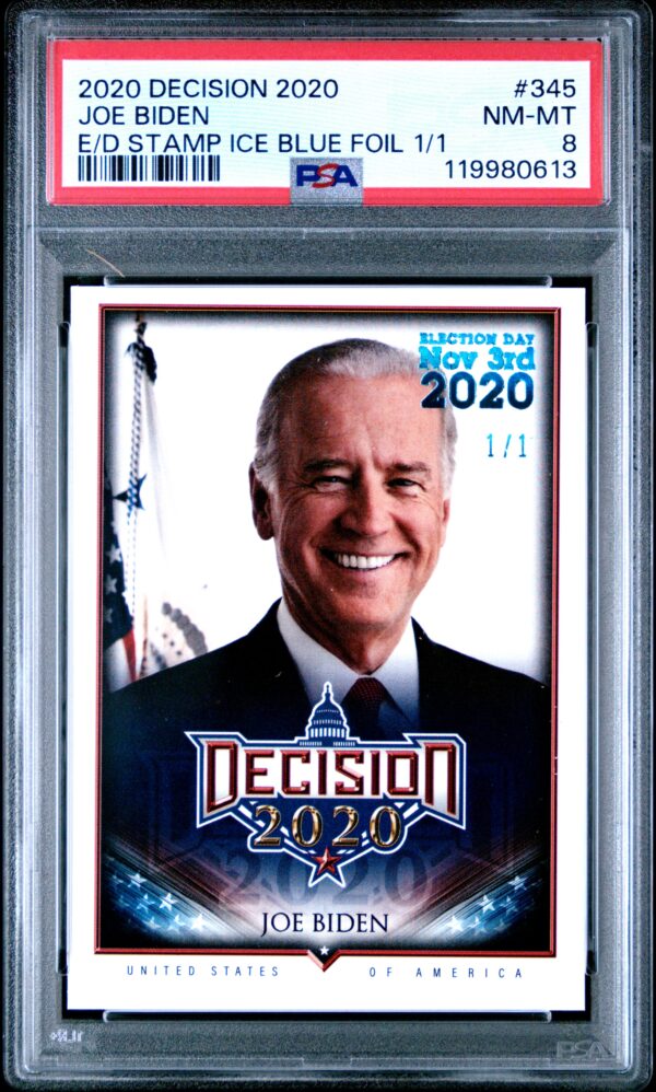 2020 Leaf Decision Joe Biden Election Day Stamp Ice Blue Foil #345 (/1) (PSA 8) (Front)