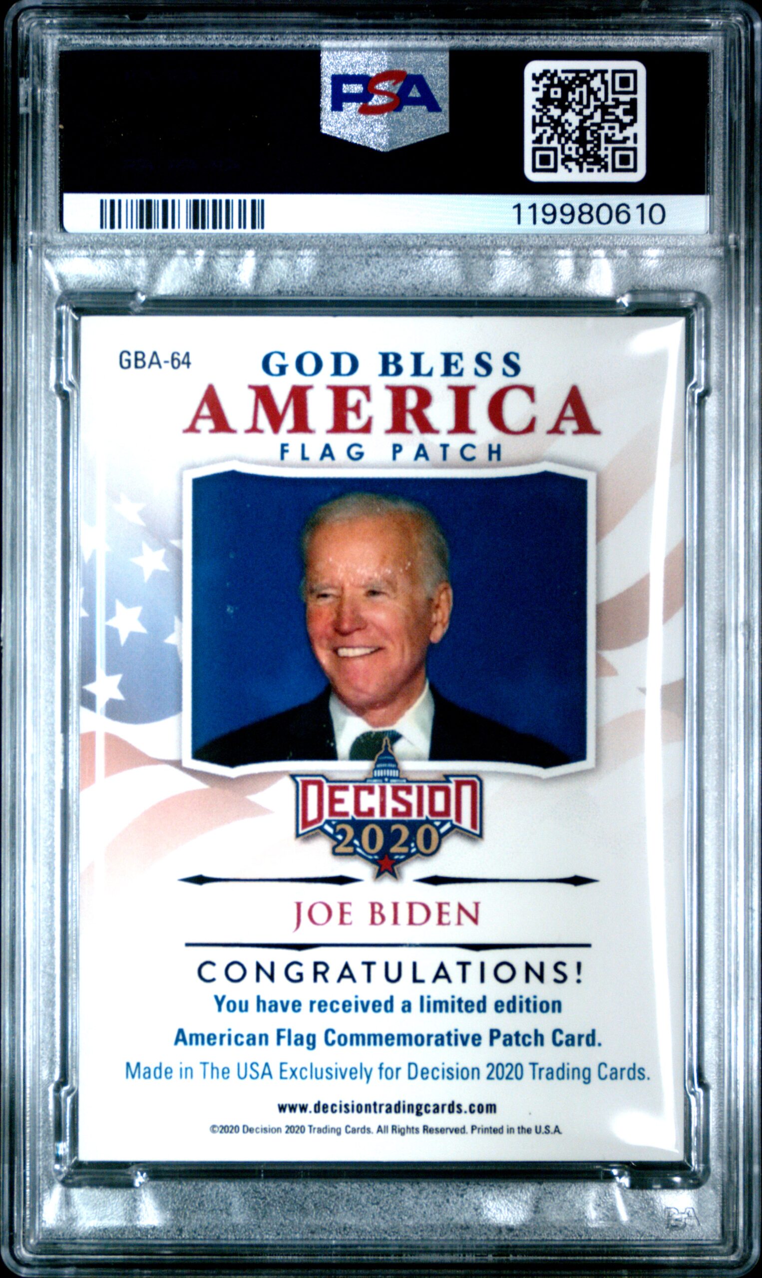 2020 Leaf Decision Joe Biden God Bless America Flag Red Foil #GBA-64 (/1) (PSA 8) (Back)