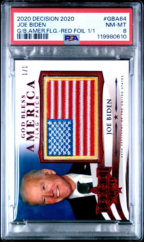 2020 Leaf Decision Joe Biden God Bless America Flag Red Foil #GBA-64 (/1) (PSA 8) (Front)