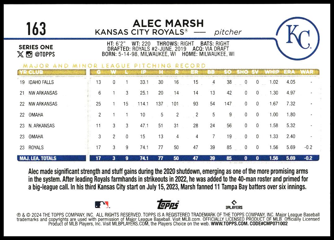 2024 Topps Series 1 Alec Marsh #163 (Back)