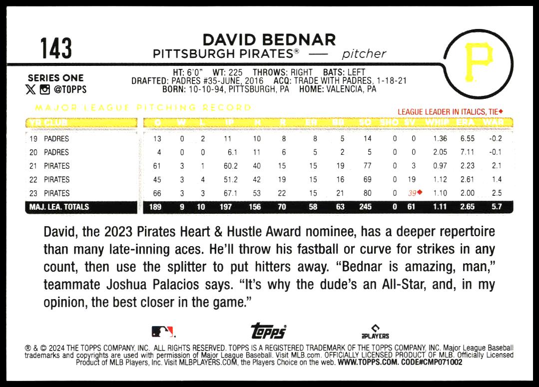 2024 Topps Series 1 David Bednar #143 (Back)
