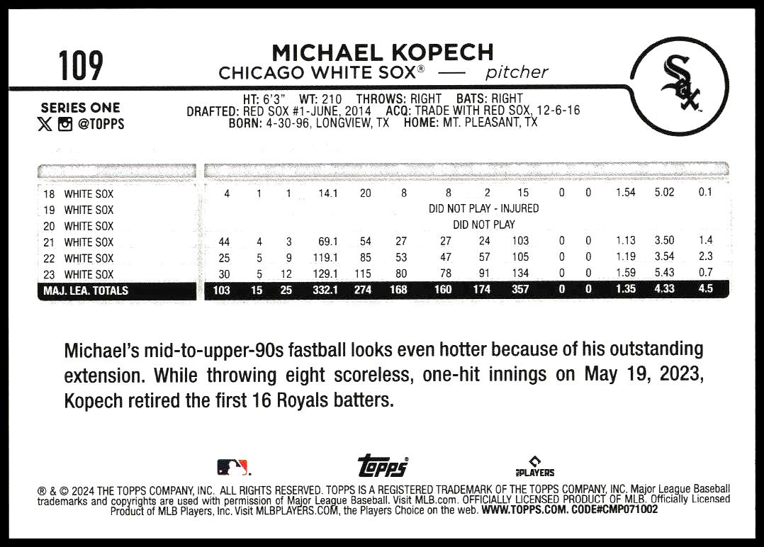 2024 Topps Series 1 Michael Kopech #109 (Back)