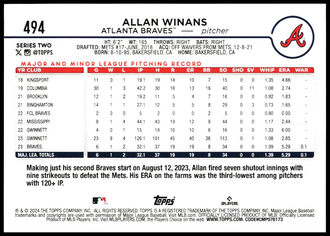 2024 Topps Series 2 Allan Winans #494 (Back)