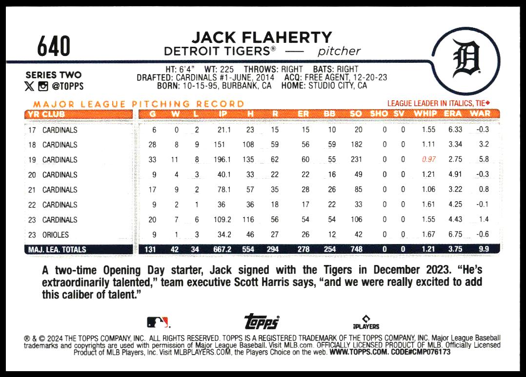 2024 Topps Series 2 Jack Flaherty #640 (Back)