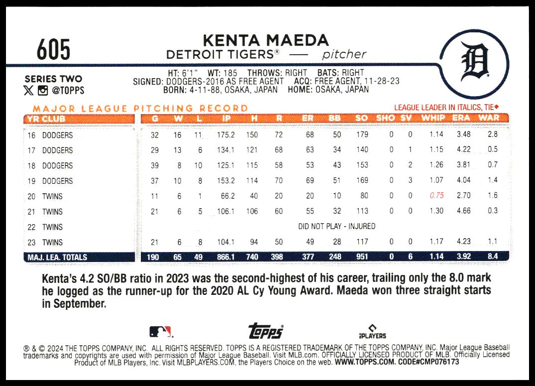 2024 Topps Series 2 Kenta Maeda #605 (Back)