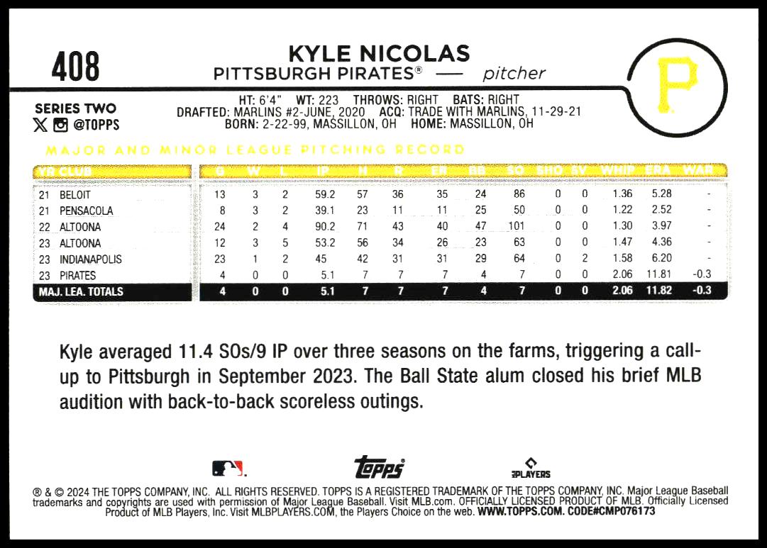 2024 Topps Series 2 Kyle Nicolas #408 (Back)