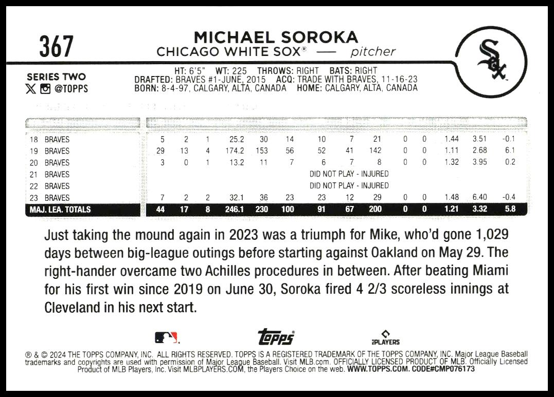 2024 Topps Series 2 Michael Soroka #367 (Back)