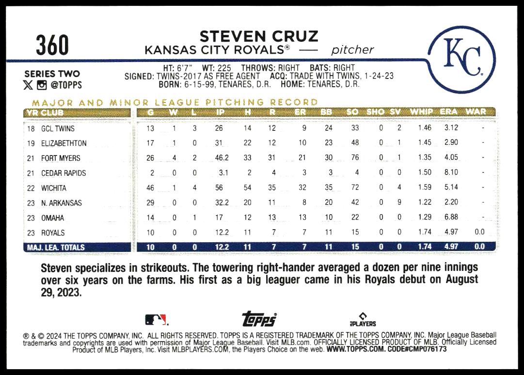 2024 Topps Series 2 Steven Cruz #360 (Back)