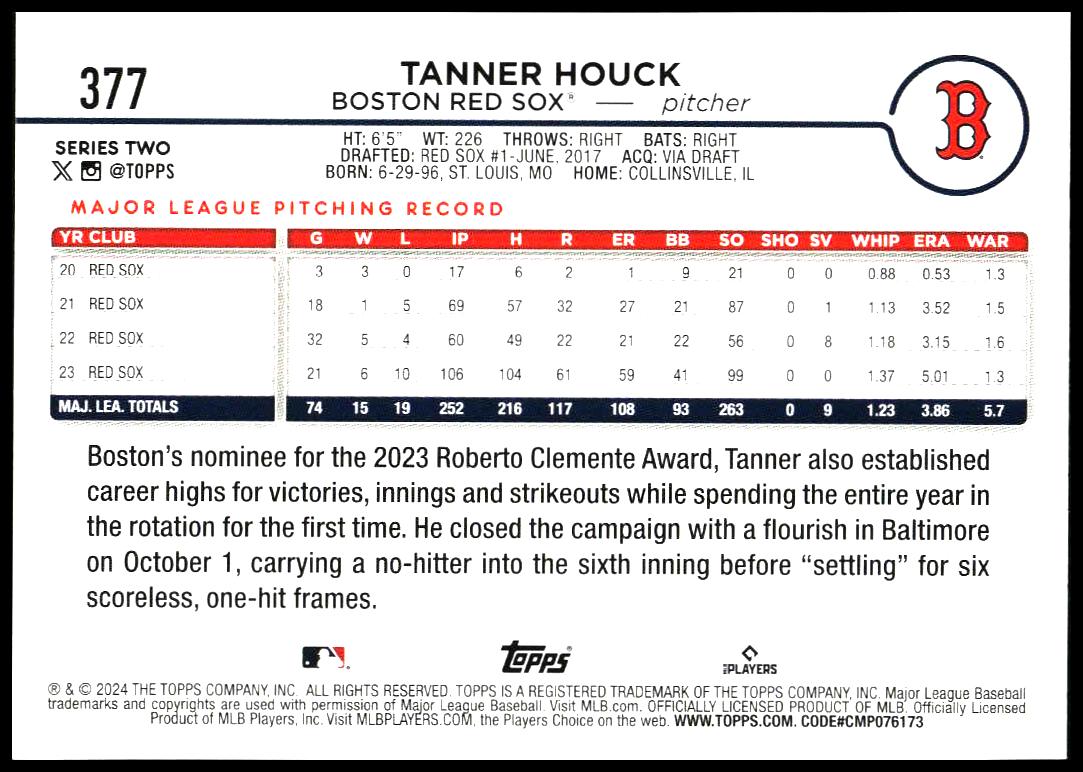 2024 Topps Series 2 Tanner Houck #377 (Back)
