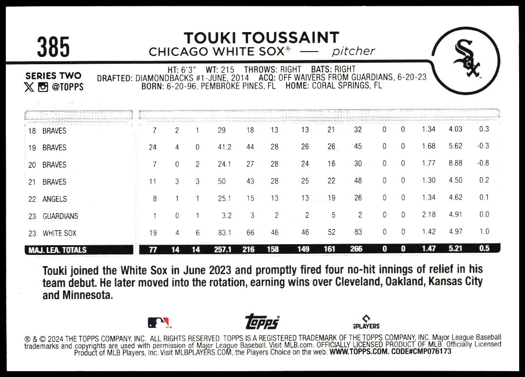 2024 Topps Series 2 Touki Toussaint #385 (Back)