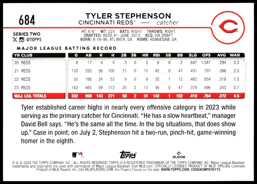 2024 Topps Series 2 Tyler Stephenson #684 (Back)