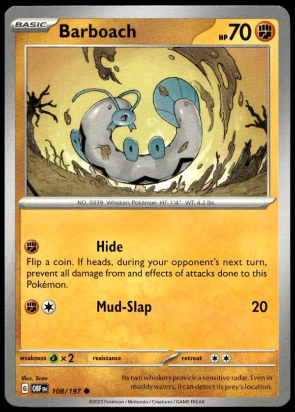 2023 PokΓ©mon Scarlet & Violet - Obsidian Flames Barboach #108/197 (Front)