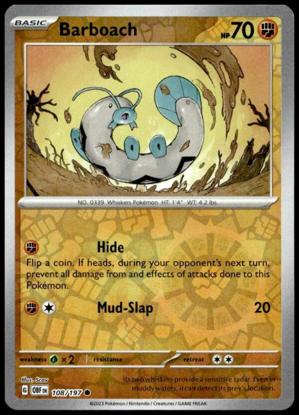 2023 PokΓ©mon Scarlet & Violet - Obsidian Flames Barboach Reverse Holo #108/197 (Front)