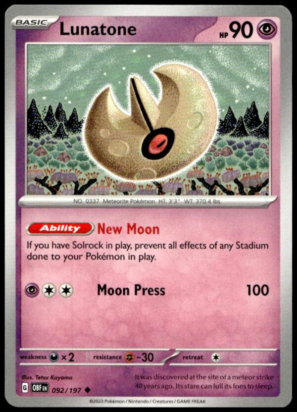 2023 Pokémon Scarlet & Violet - Obsidian Flames Lunatone #092/197 (Front)