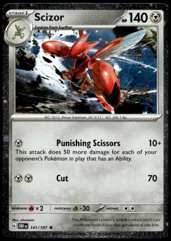 2023 PokΓ©mon Scarlet & Violet - Obsidian Flames - Meddling Sparks Premium Collection Scizor Cosmos Holo #141/197 (Front)