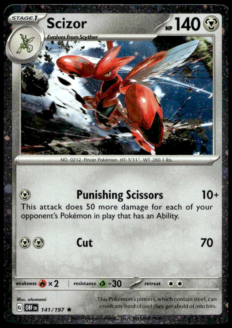 2023 Pokémon Scarlet & Violet - Obsidian Flames - Meddling Sparks Premium Collection Scizor Cosmos Holo #141/197 (Front)